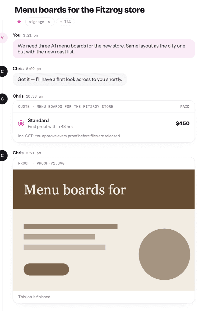 A real taskblitz job: the brief, a $450 quote paid in the chat, a proof, and the approved — files released receipt